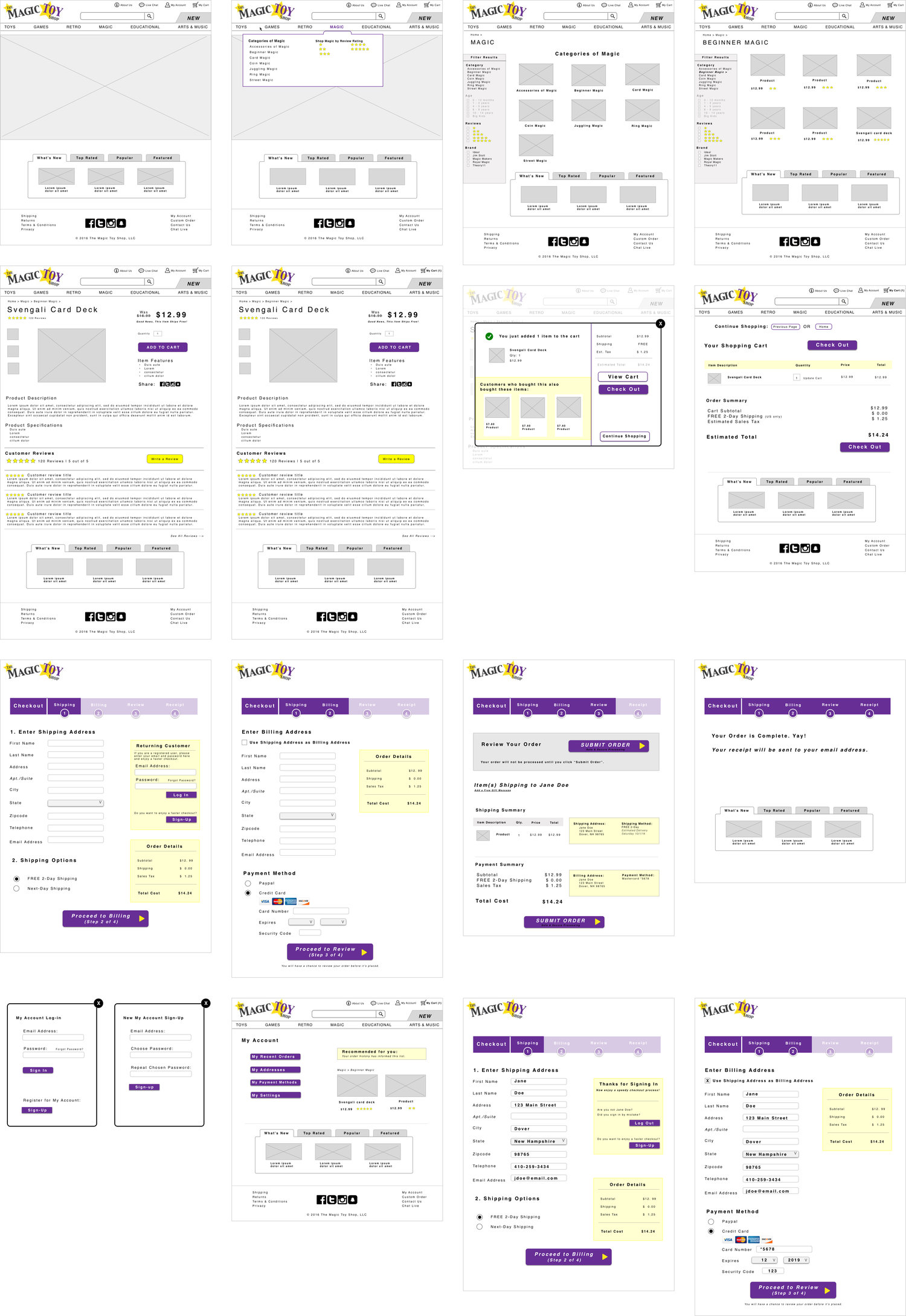 Wireframes for toy shop ecommerce site